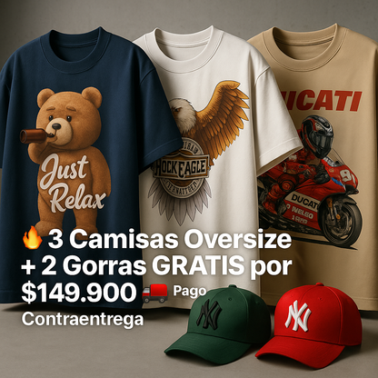 3 Oversize + 2 gorras GRATIS